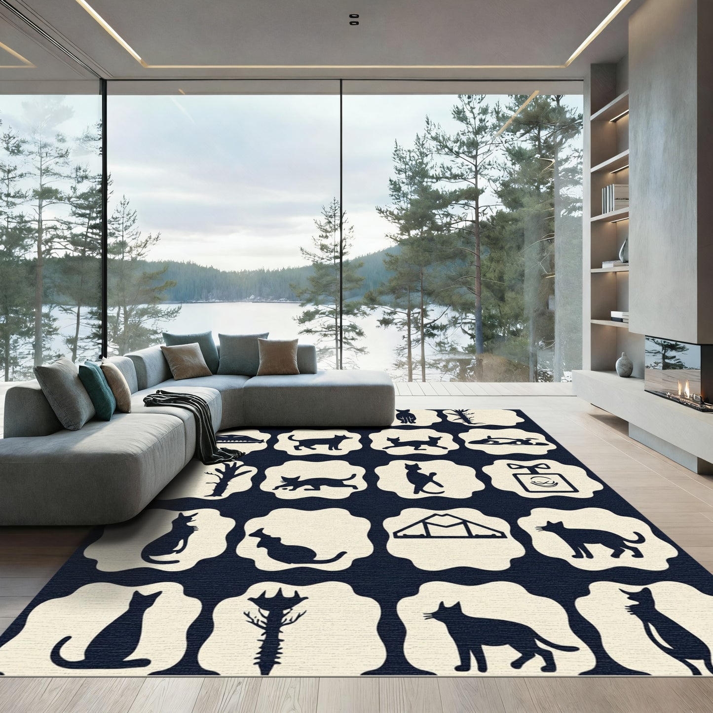 Dark Blue Feline Silhouette Collection Rug