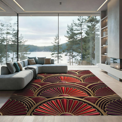 Crimson Fan Art Deco Semicircle Rug