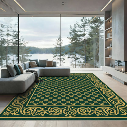 Ornate Emerald Gold Geometric Border Rug
