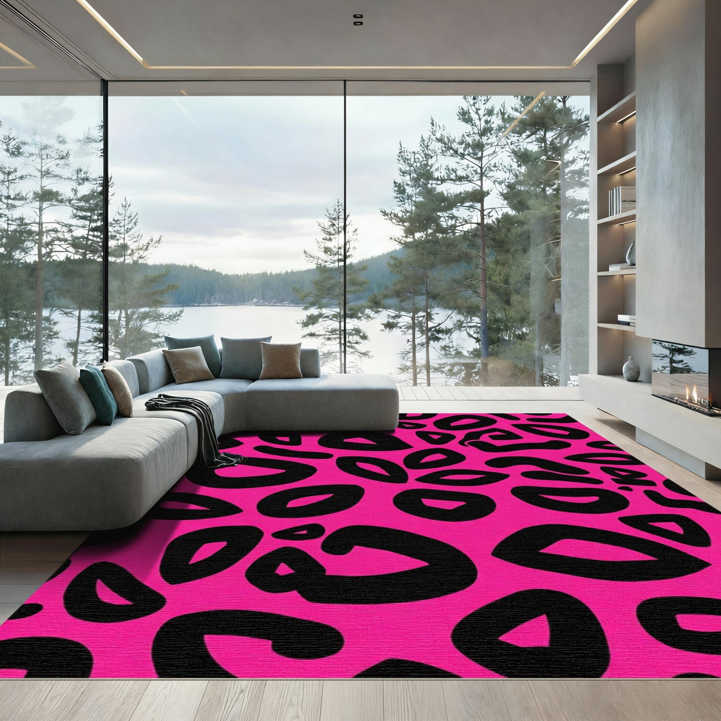 Bold Pink Black Spotty Animal Print Rug