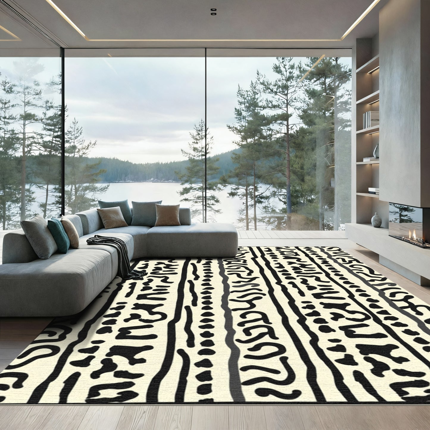 Bold Black Stripe Eclectic Composition Rug