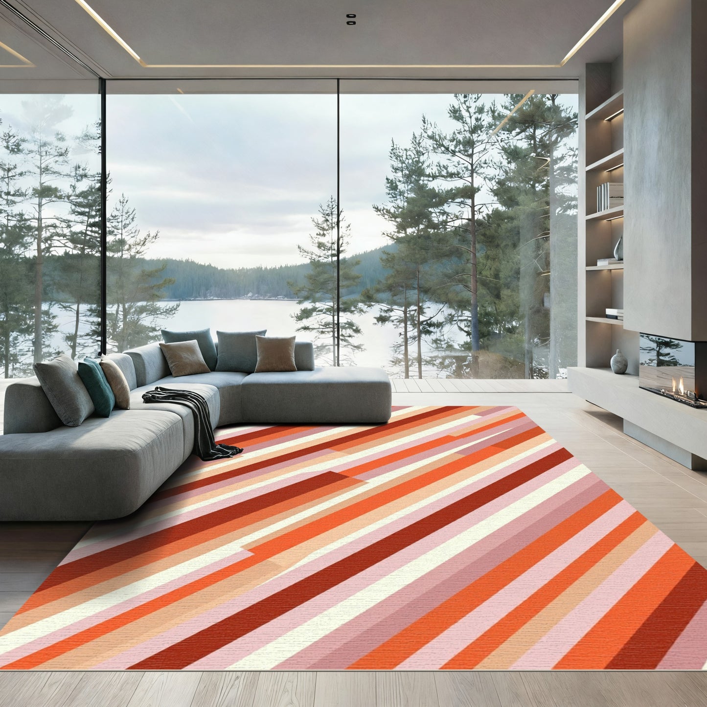 Modern Burnt Orange Diagonal Stripe Rug