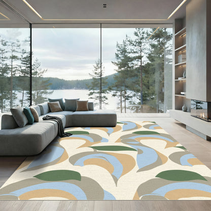 Abstract Beige Blue Leaf Swirl Rug