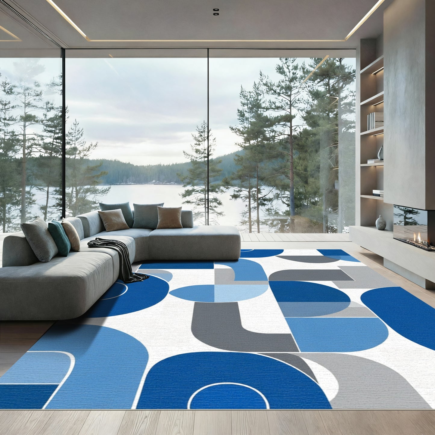 Modern Blue Geometric Abstract Curve Rug
