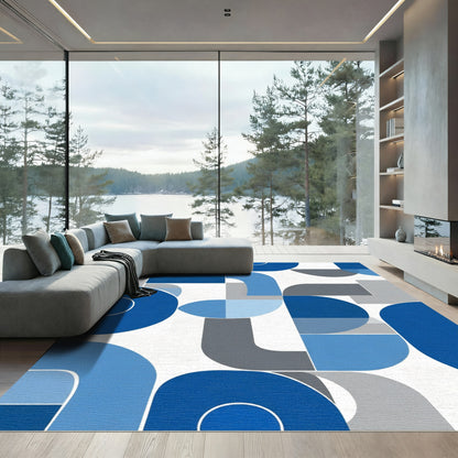 Modern Blue Geometric Abstract Curve Rug