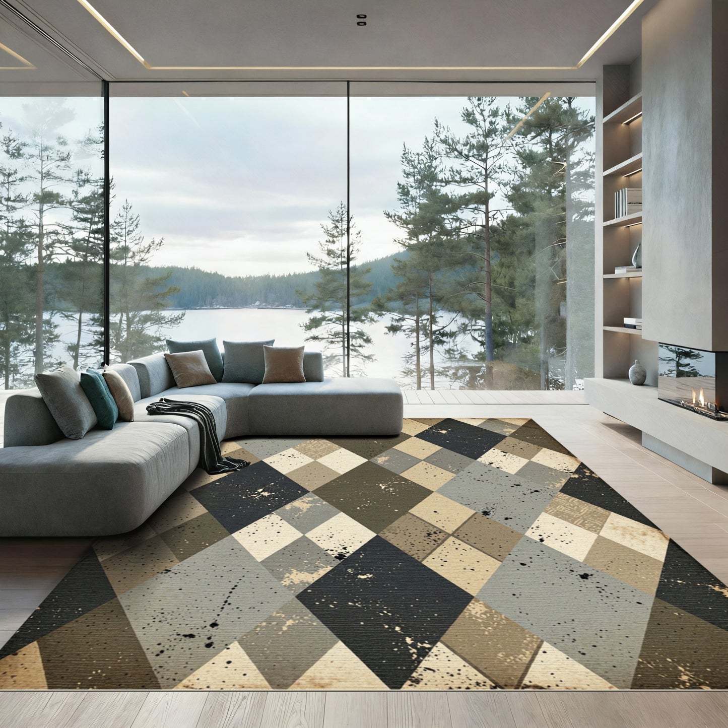 Distressed Greige Argyle Checkered Art Rug