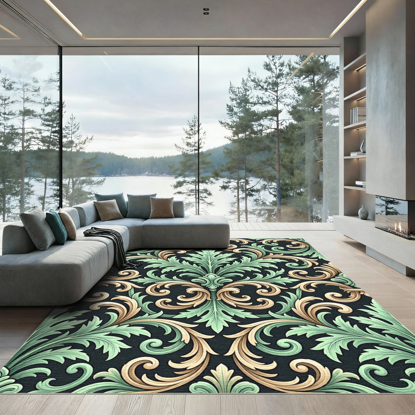 Elegant Sage Green Golden Acanthus Ornament Rug