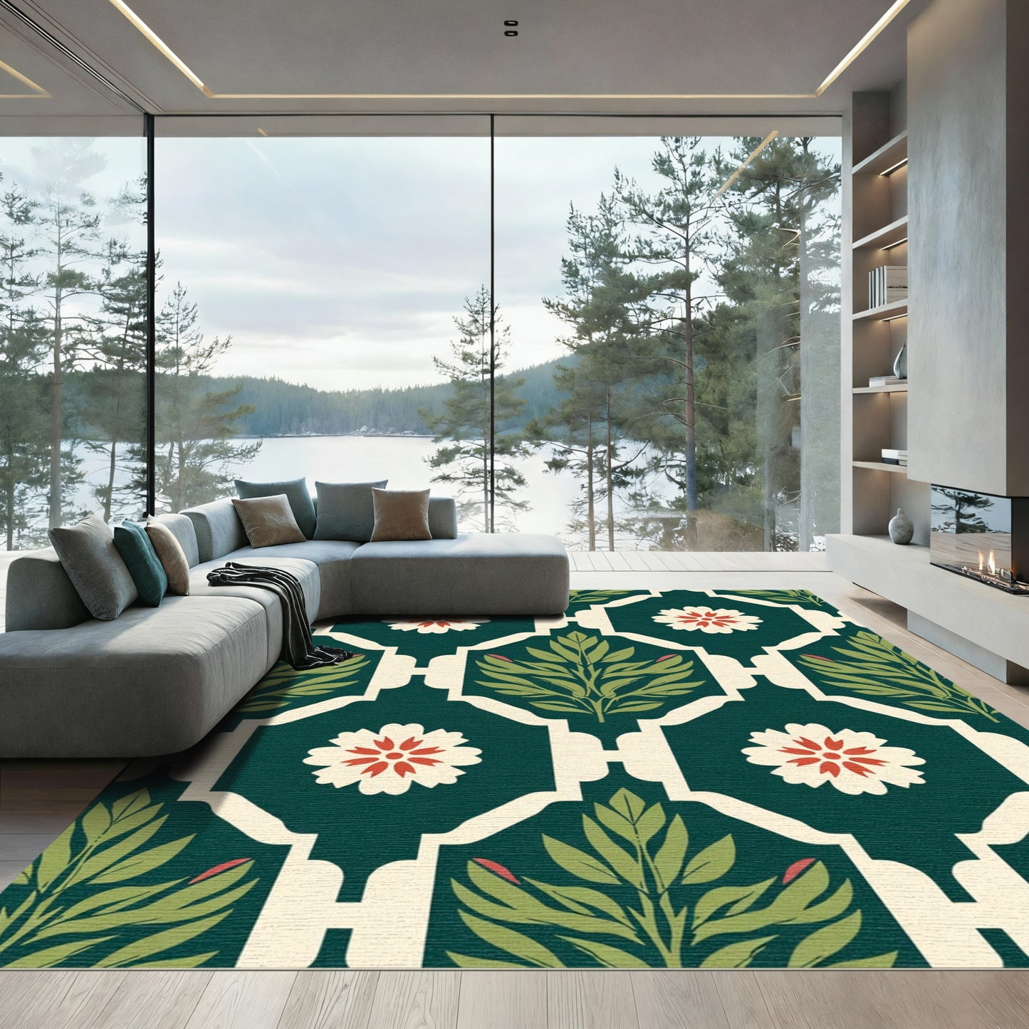 Deep Green Floral Botanical Lattice Rug