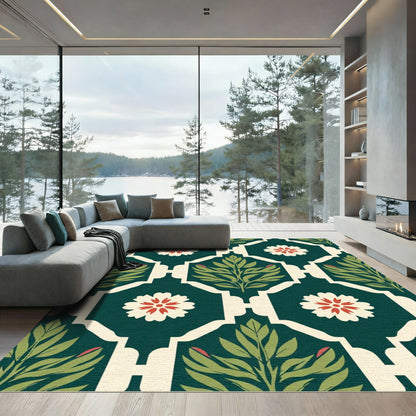 Deep Green Floral Botanical Lattice Rug