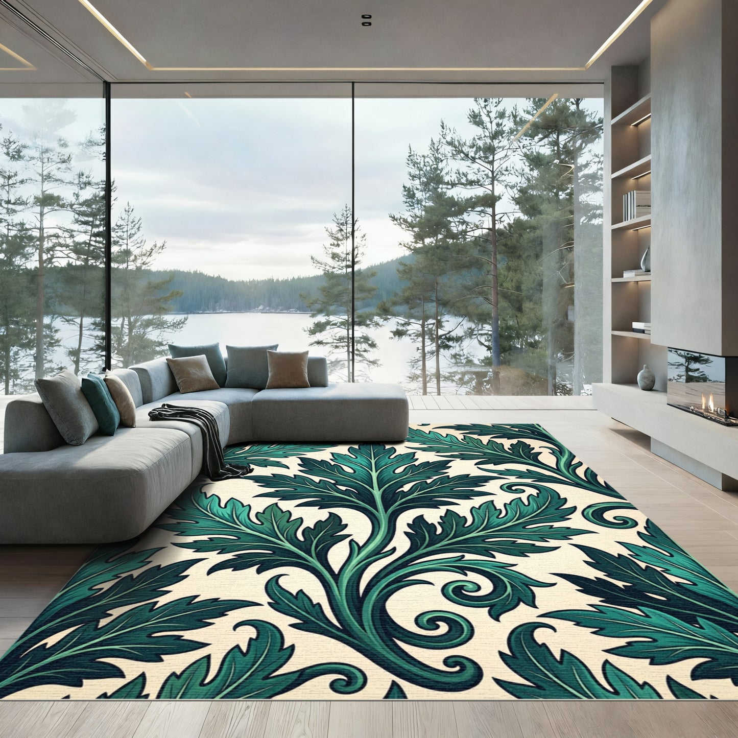 Dark Emerald Acanthus Leaf Botanical Rug