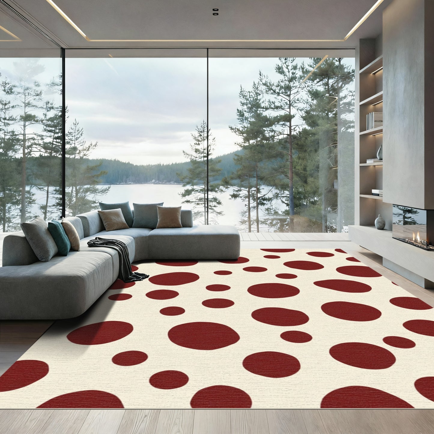 Crimson Polka Dots Cream Background Rug