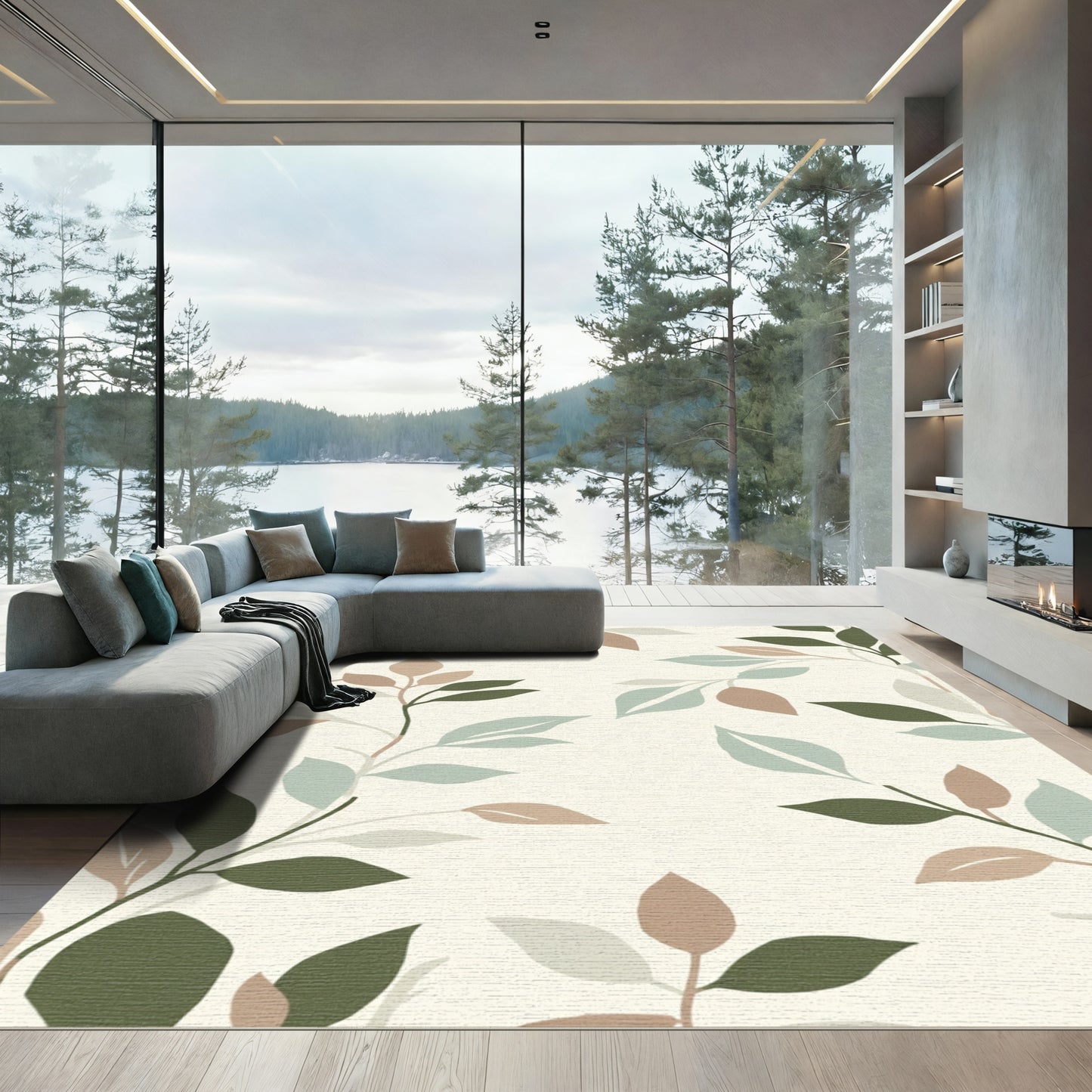 Earthy Tone Botanical Leaf Branches Rug