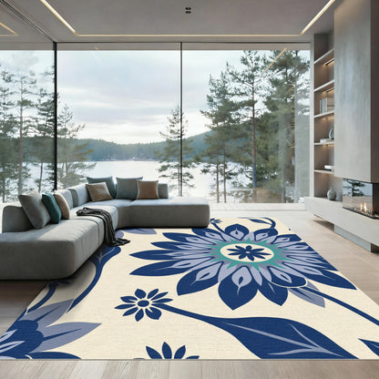 Navy Blue Floral Burst Composition Rug