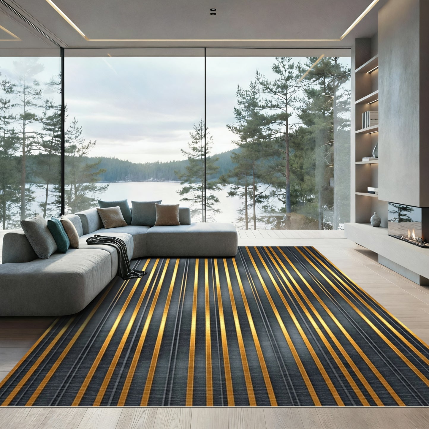 Dark Gray Gold Vertical Stripe Rug