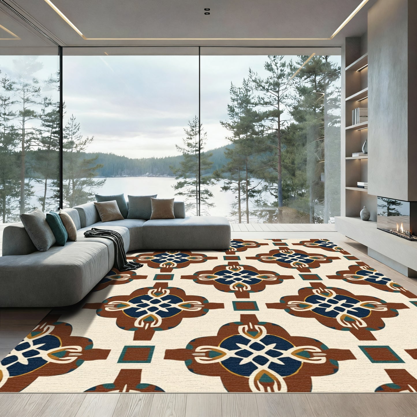 Maroon Blue Cream Quatrefoil Tile Rug