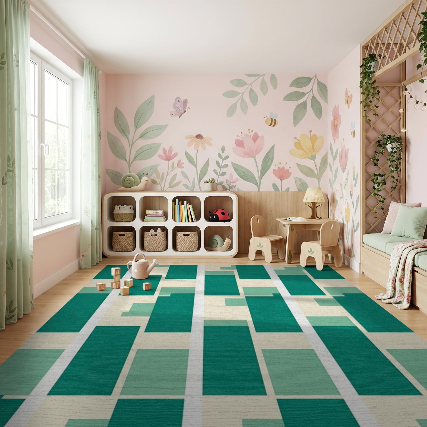 Modern Green Cream Block Stack Rug