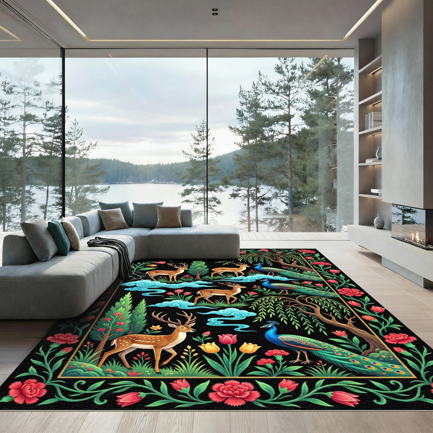 Enchanted Forest Peacock and Deer Tapestry Rug