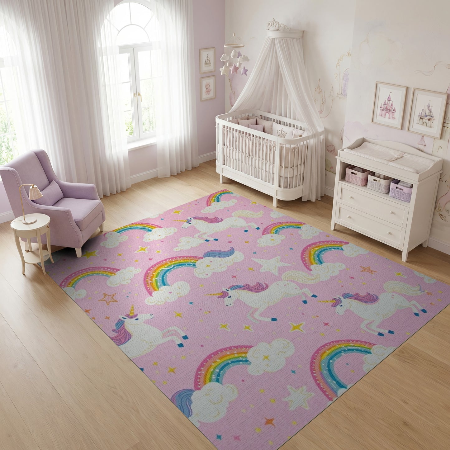Whimsical Pink Unicorn Rainbow Stars Rug