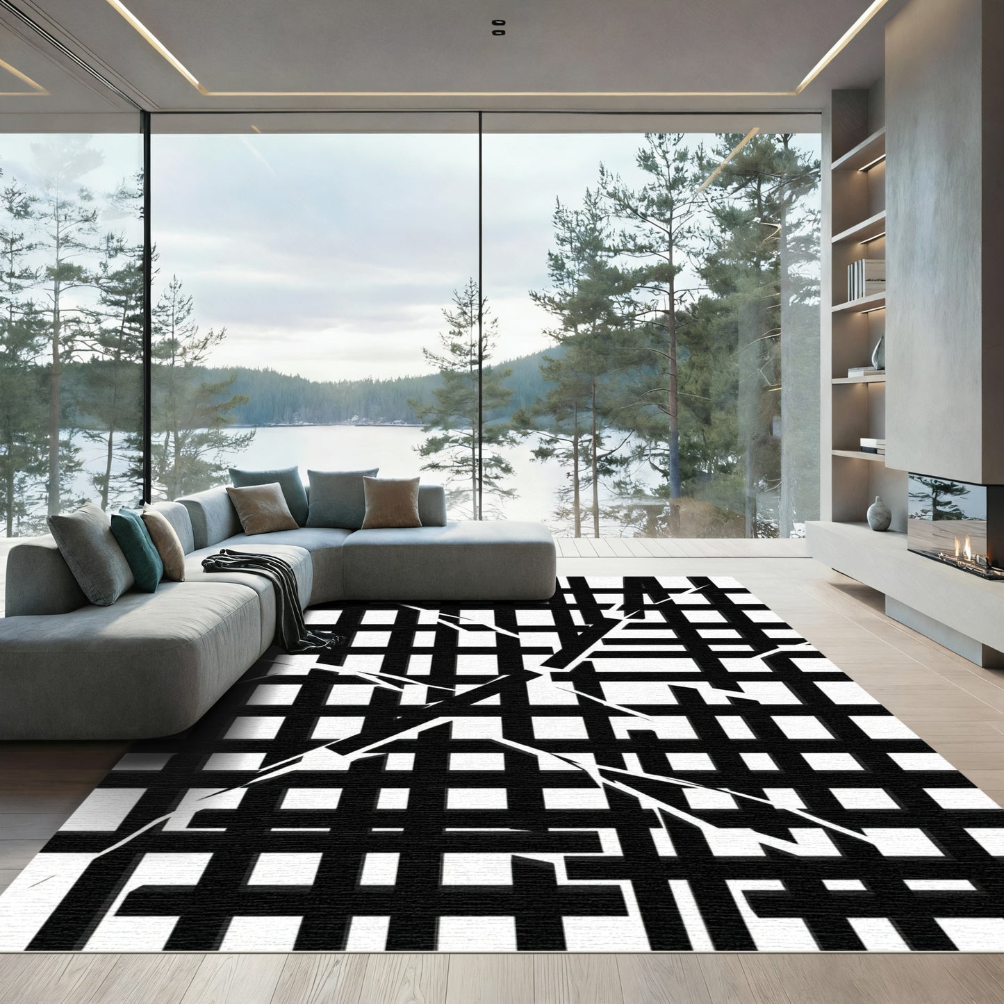Monochrome Abstract Shuttered Grid Rug