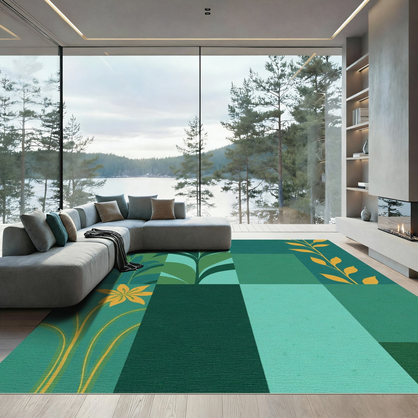 Green Yellow Botanical Garden Squares Rug