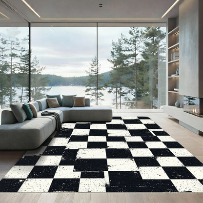 Distressed Black and White Checkered Grid Rug