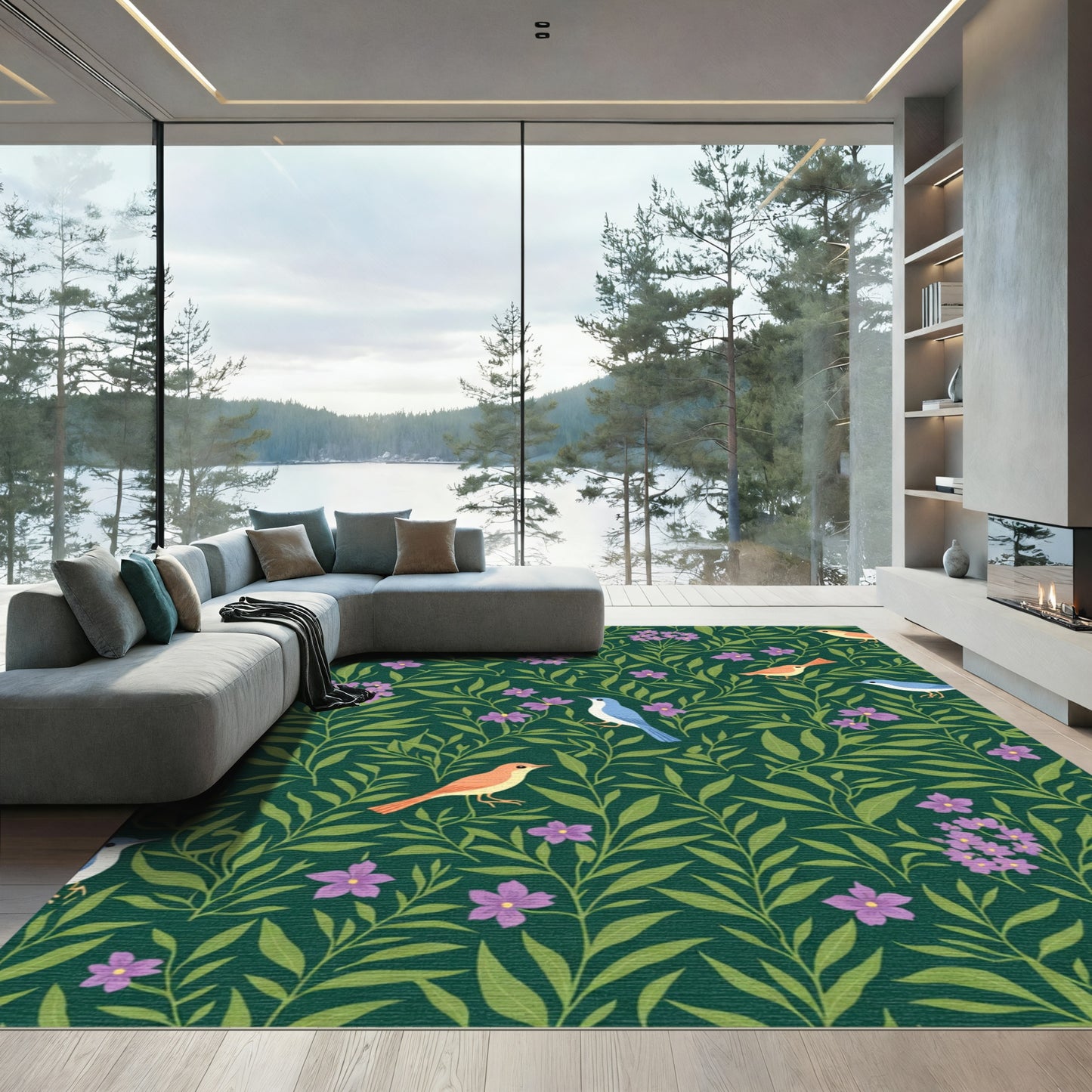 Whimsical Birds Amidst Greenery and Lilac Blooms Rug