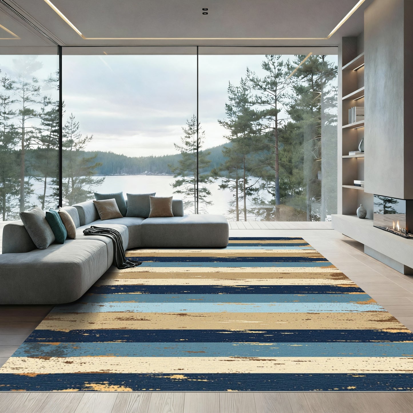 Distressed Navy and Taupe Striped Canvas Rug