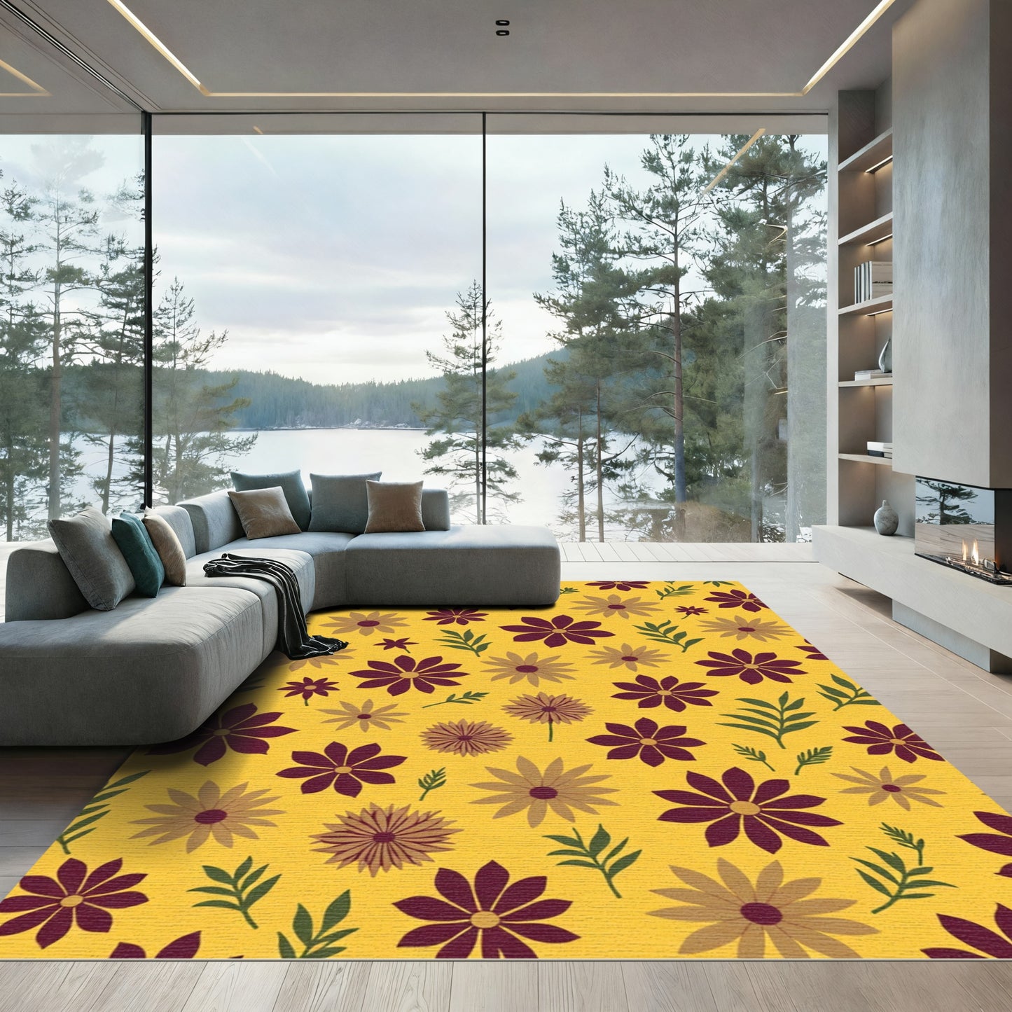 Deep Plum Yellow Floral Botanical Garden Rug