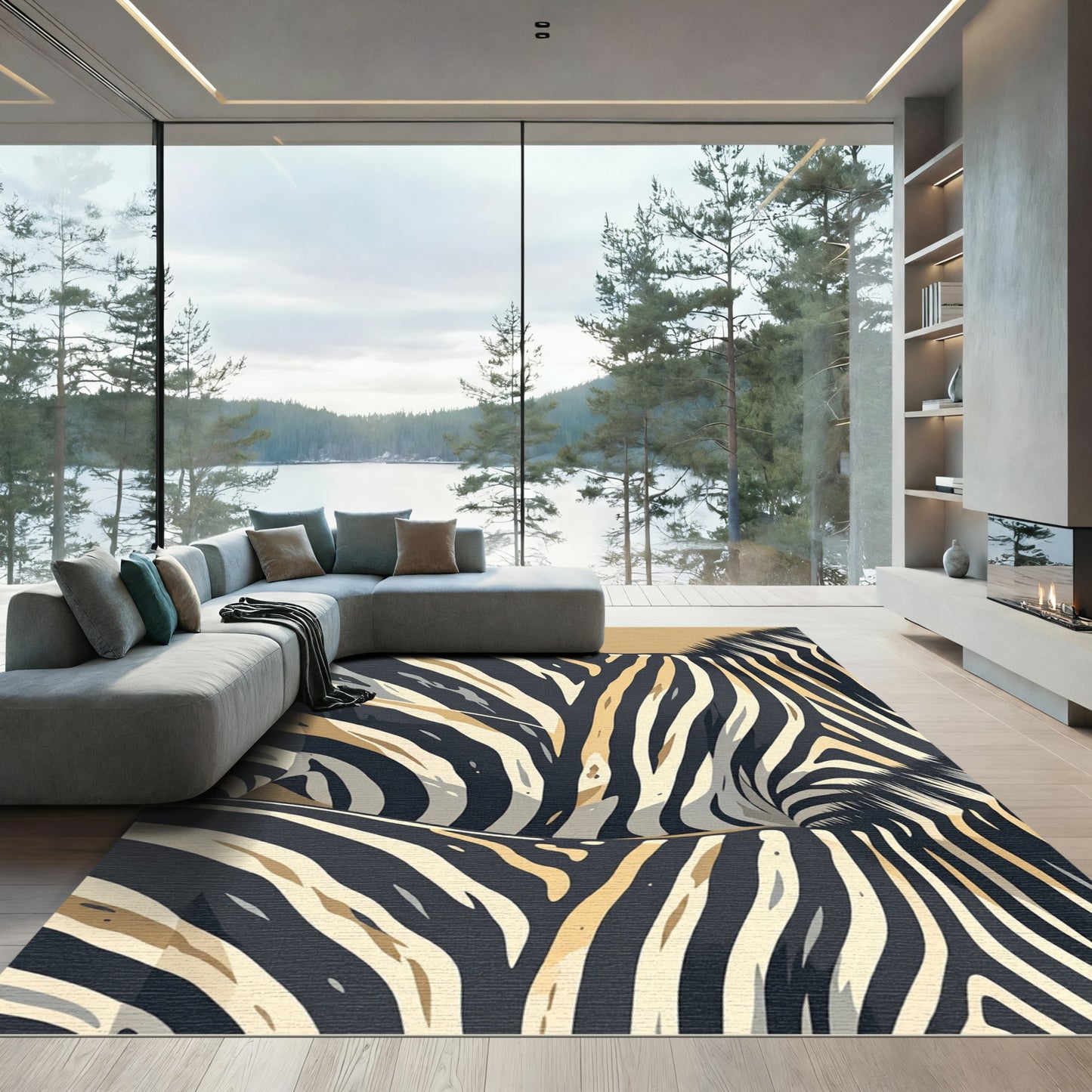 Modern Abstract Black Gold Zebra Rug