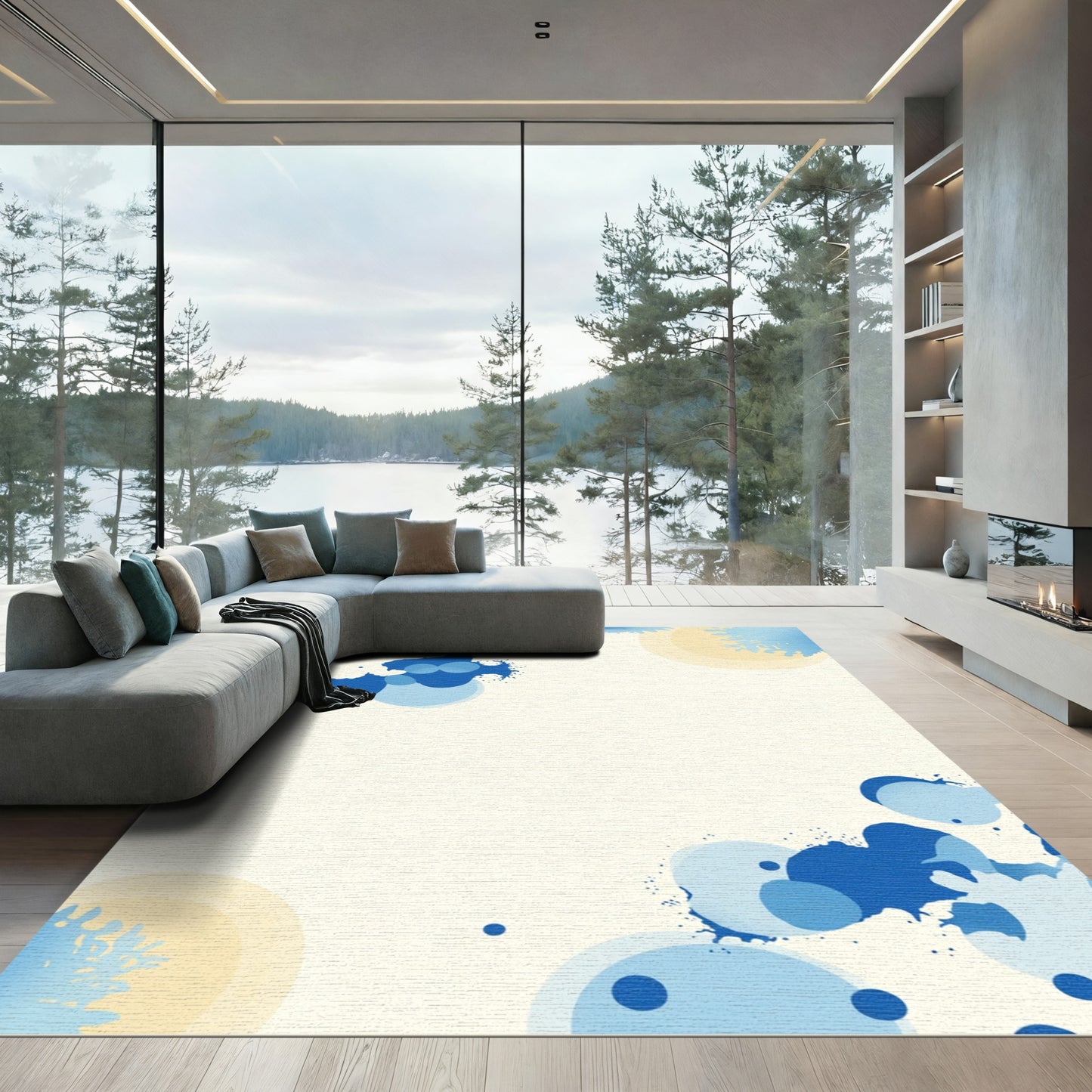 Abstract Blue Circles Watercolor Splatter Rug