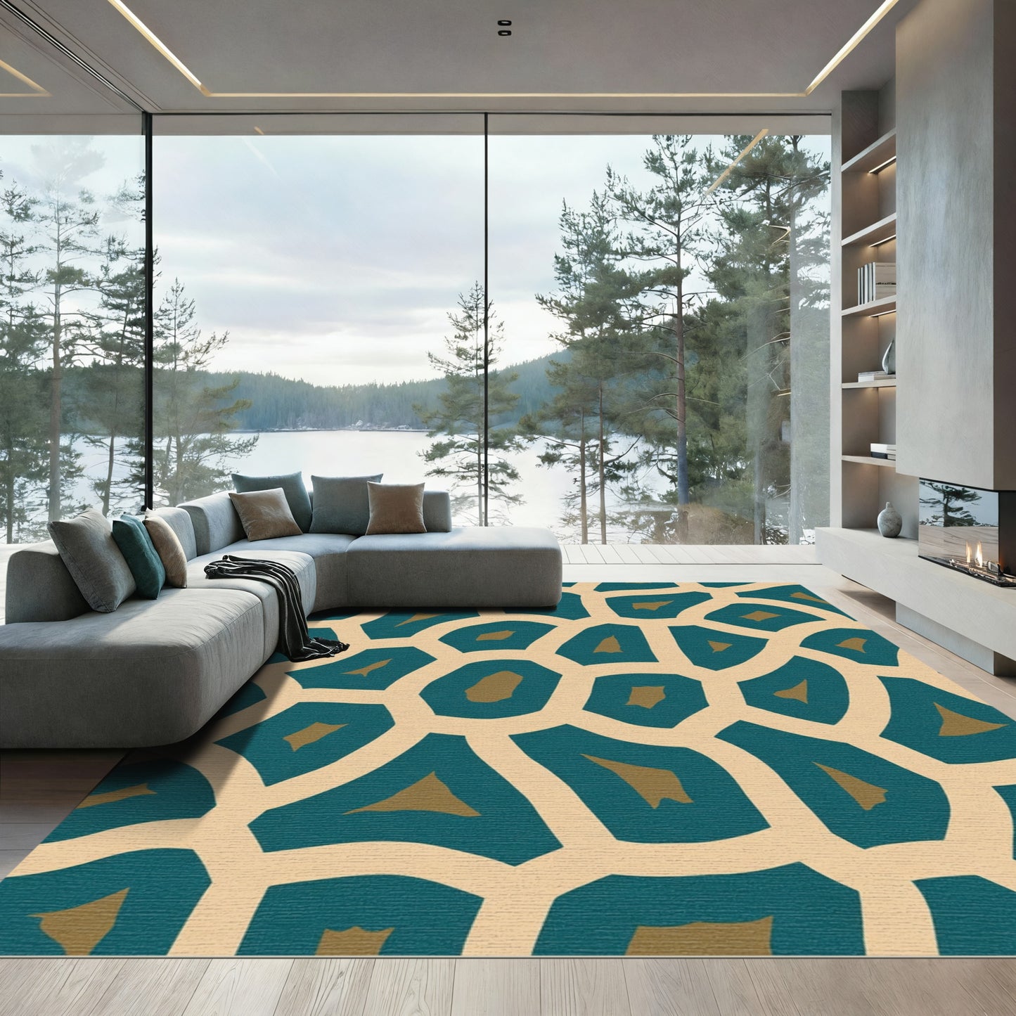 Teal Gold Geometric Organic Shape Rug