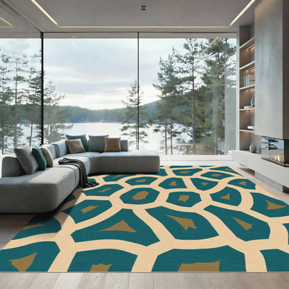 Teal Gold Geometric Organic Shape Rug