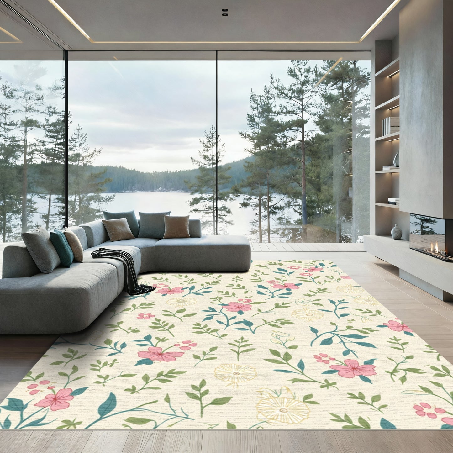 Light Cream Pink Floral Botanical Sprigs Rug