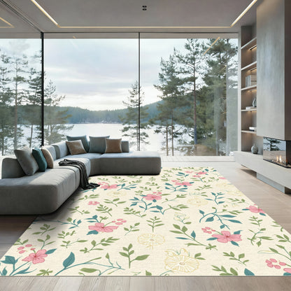 Light Cream Pink Floral Botanical Sprigs Rug
