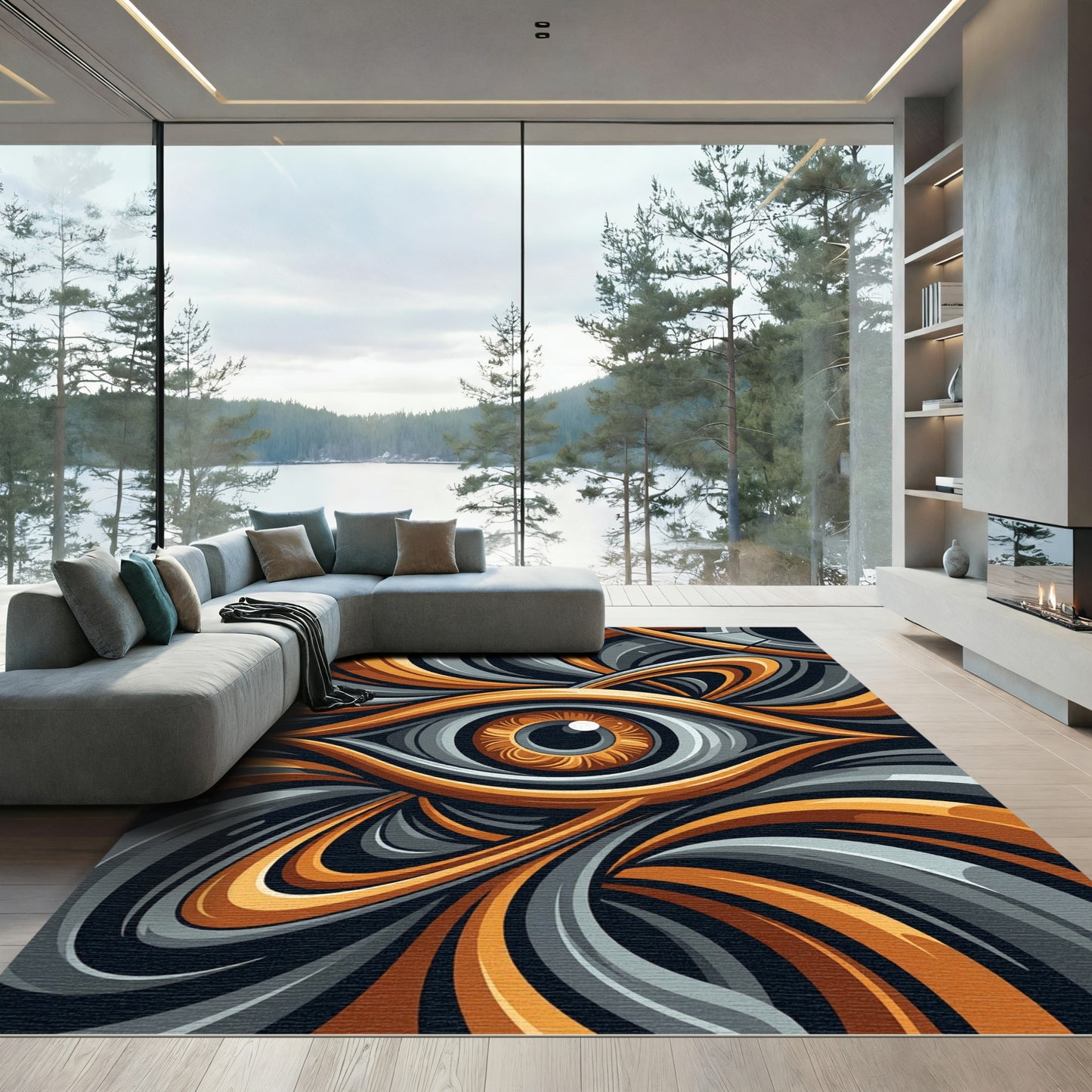 Abstract Orange and Gray Eye Rug