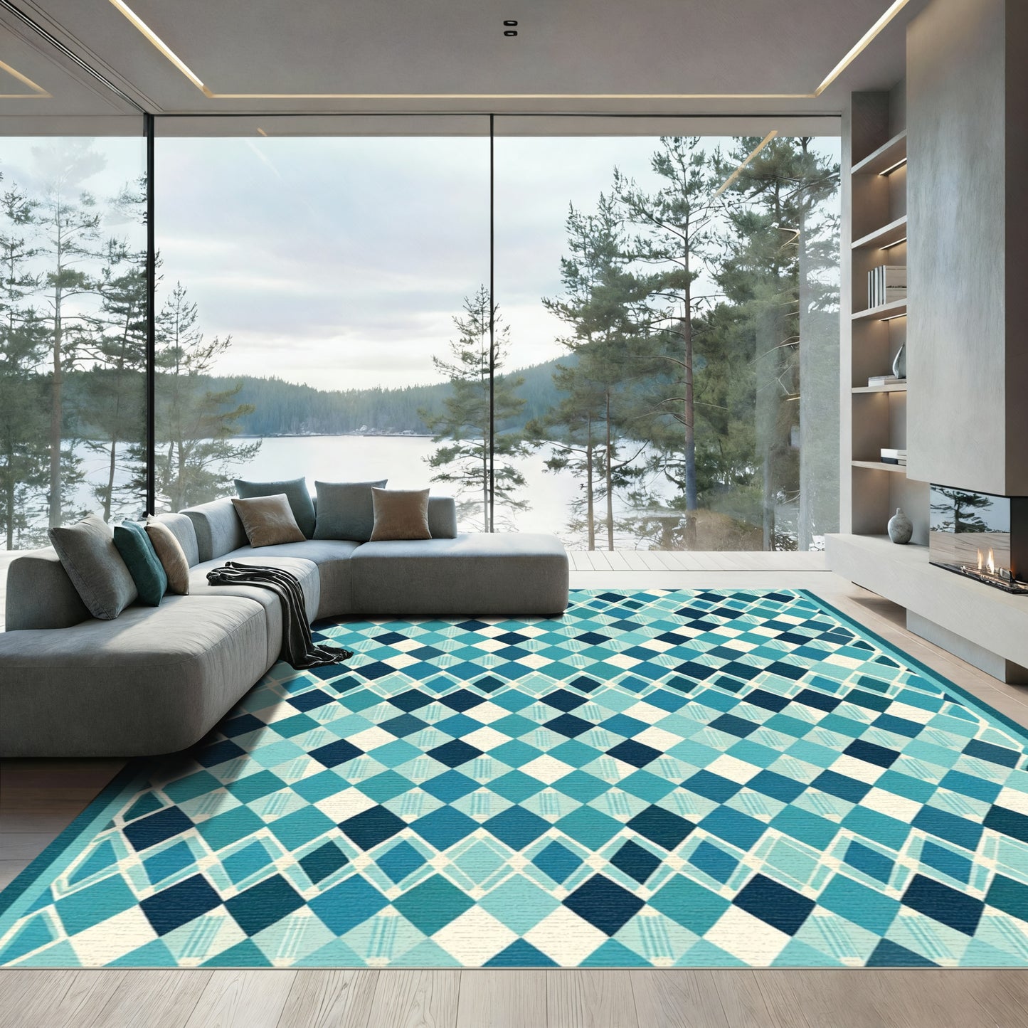 Ocean Blue Diamond Lattice Rug