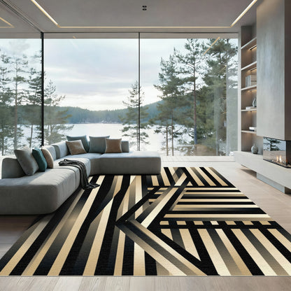 Sophisticated Gold and Black Linear Geometric Rug