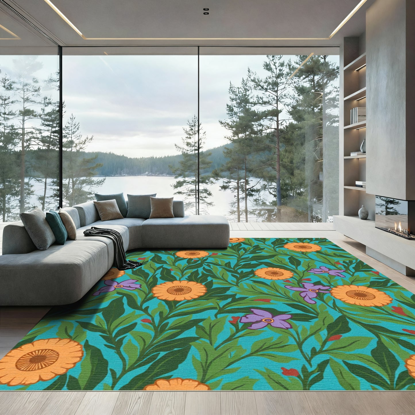 Orange Daisy Lilac Botanical Meadow Rug