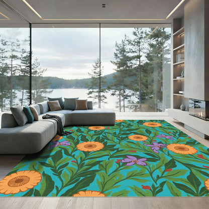 Orange Daisy Lilac Botanical Meadow Rug