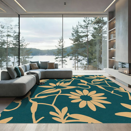 Golden Flower Vine Teal Rug