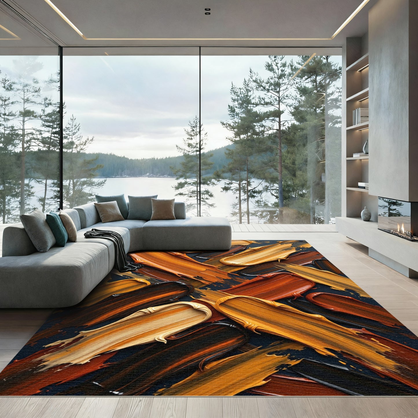Abstract Golden Brown Oil Stroke Rug