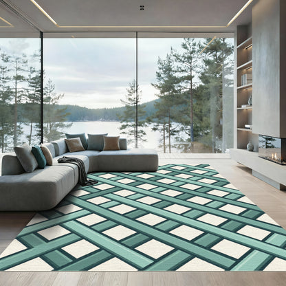 Teal Mint Interwoven Diagonal Grid Rug