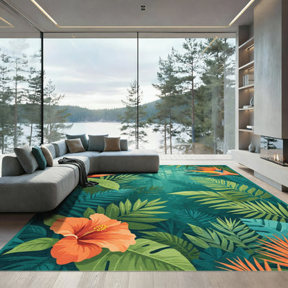 Vibrant Jungle Leaves Bird of Paradise Rug