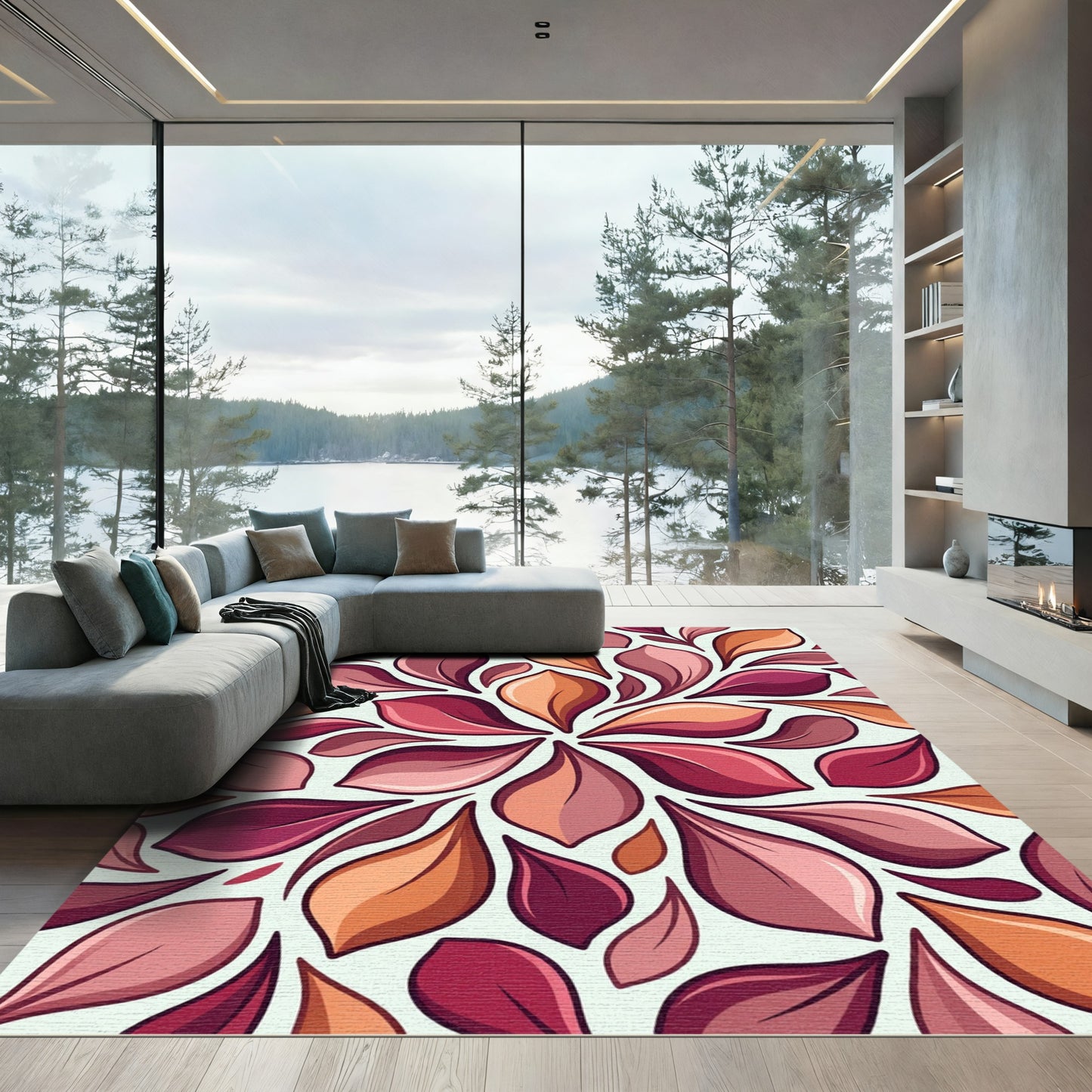Crimson Orange Gradient Petal Mandala Rug