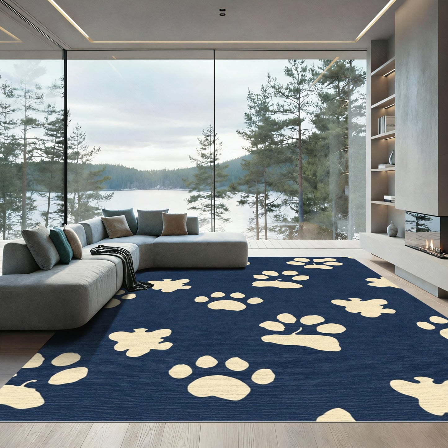 Cream Paw Prints On Navy Rug