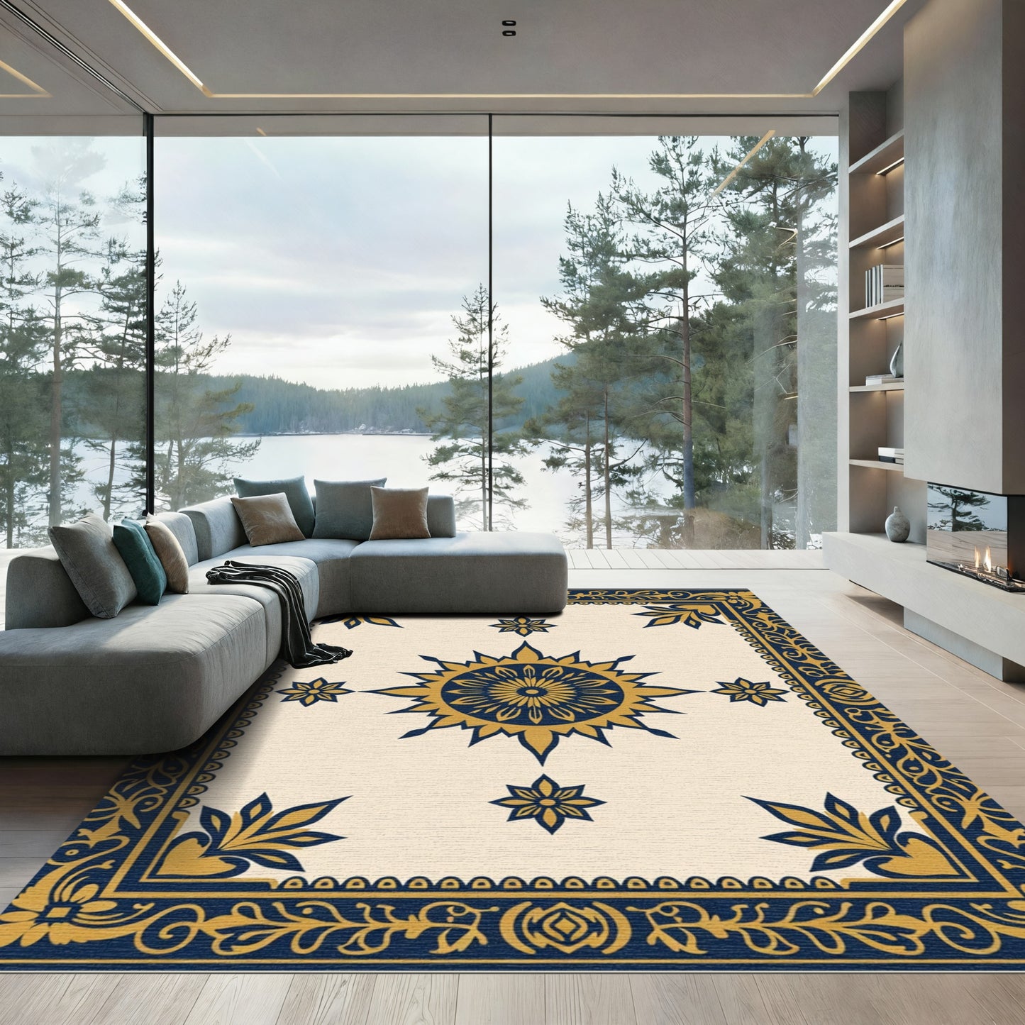 Navy Gold Sunburst Medallion Rug