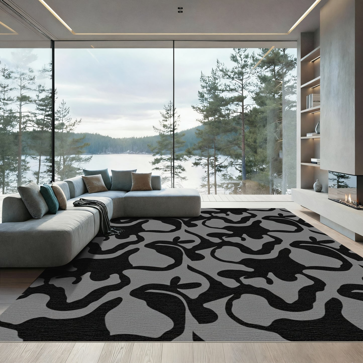 Abstract Black Gray Amoeba Rug