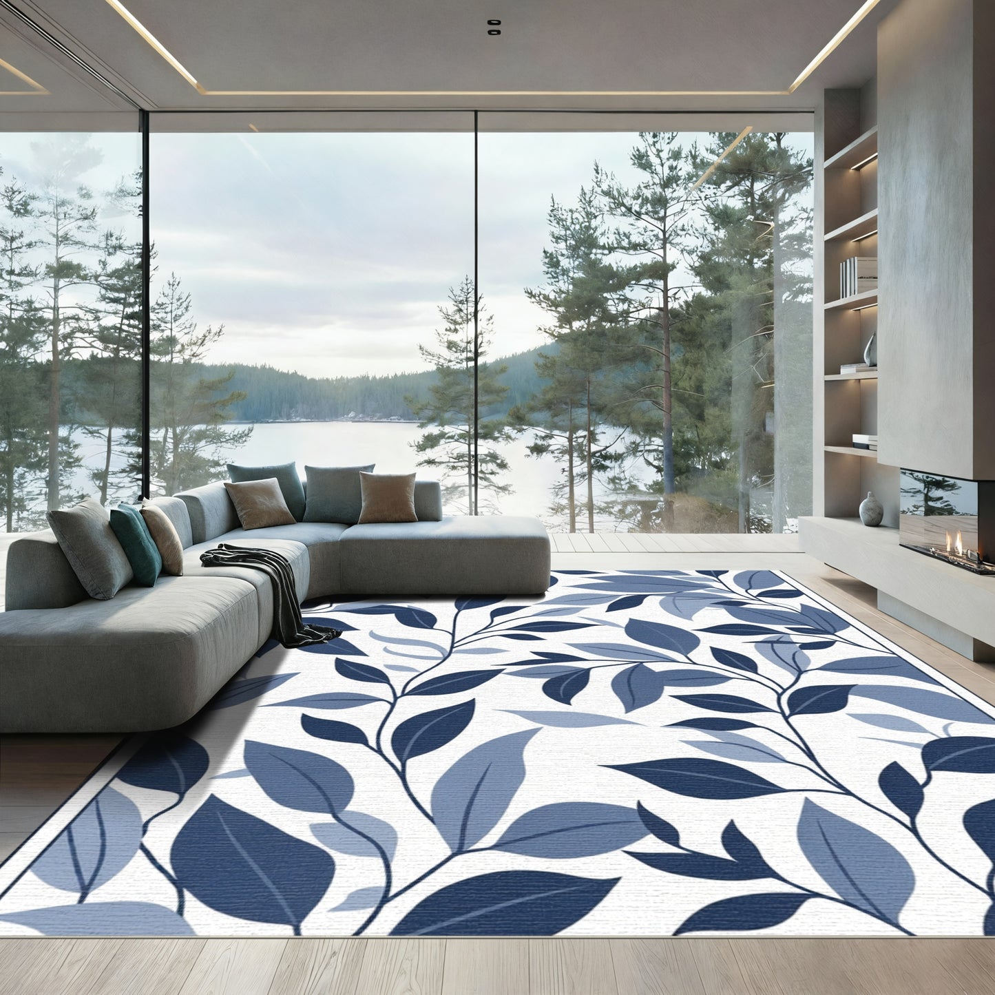Deep Blue Leafy Branch Art Rug