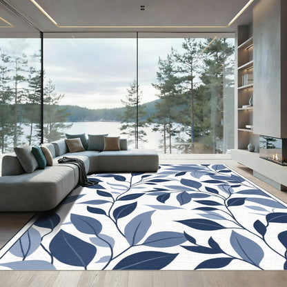 Deep Blue Leafy Branch Art Rug
