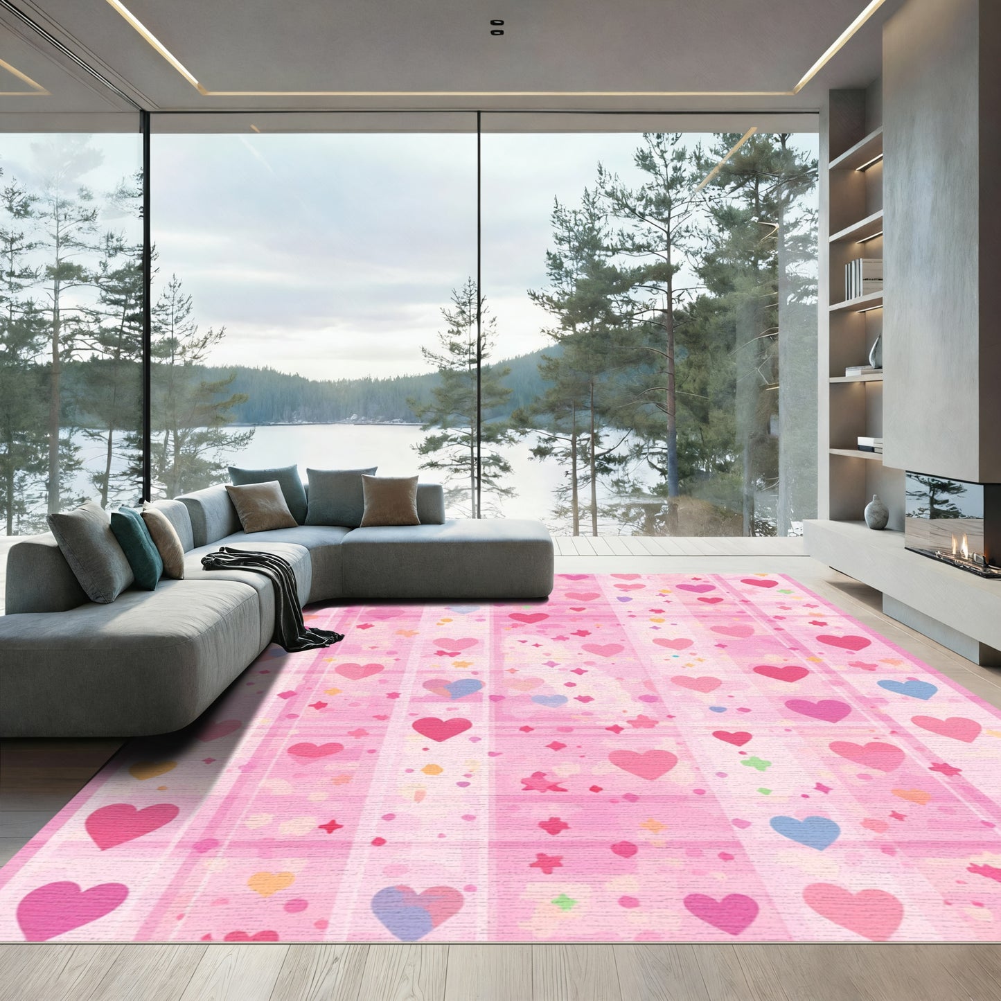 Pink Heart Overlay Plaid Rug